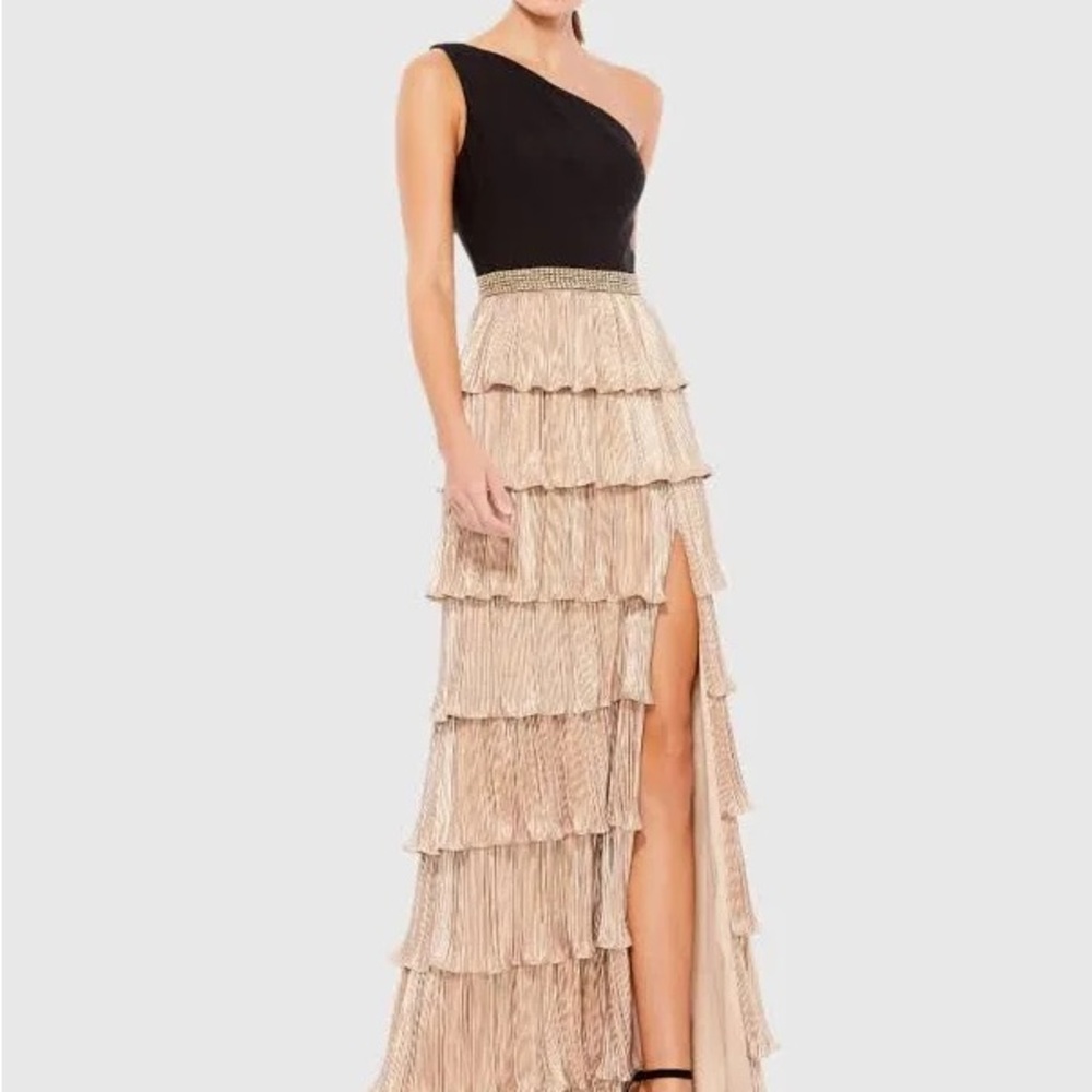 Ieena Duggal One-Shoulder Ruffle Tiered Sheath Gown